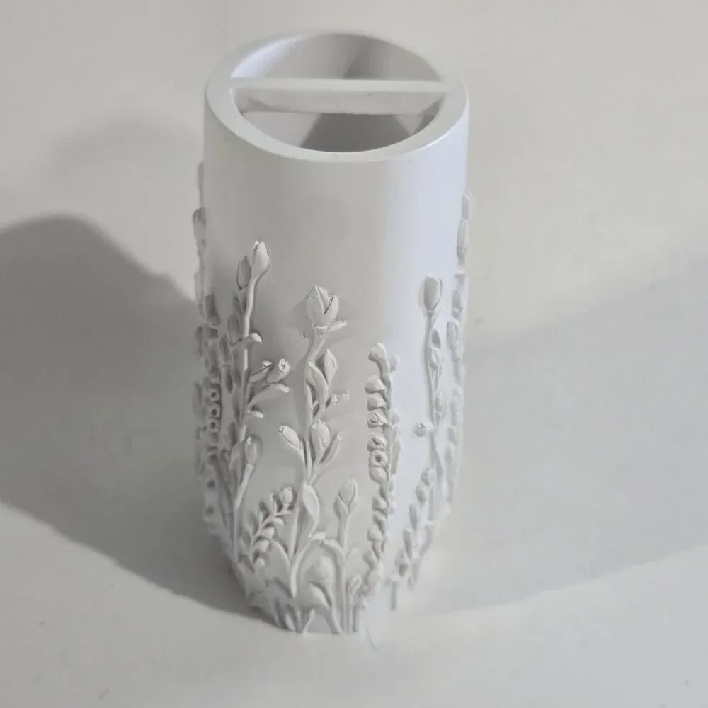 Toothbrush Holder - Ceramic Floral Embossed Bathroom Cup Unglazed - White Matte